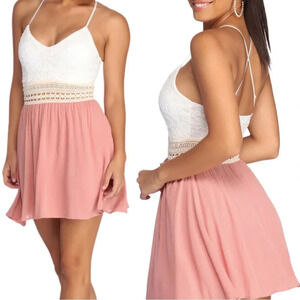 Crochet Half Cream Half Pink Mini Dress